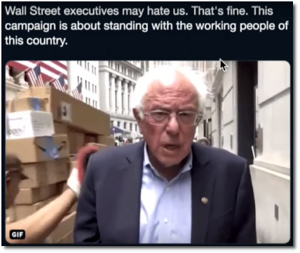 Bernie gets an affectionate love-pat on the shoulder from a UPS passerby while recording a message on Wall Street about standing with the working man (12 July 2019)