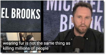 Michael Brooks tells Ellen that wearing fur is not the same thing as George Bush killing millions of people (12 Oct 2019)